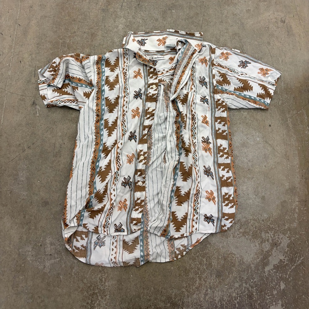 Vintage cacharel Men's Brown and White Patterned Shirt
